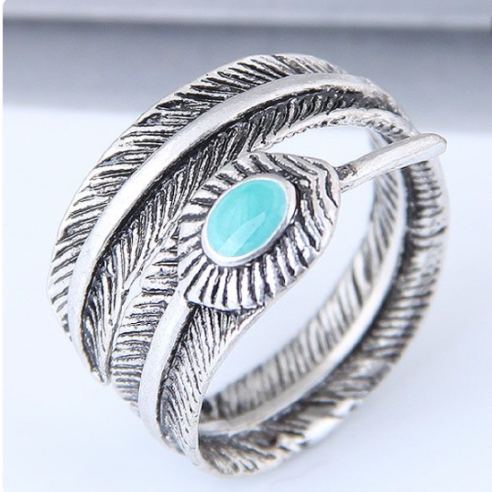 Southwestern Silver turquoise feather  Wrap around ring Size 9 *